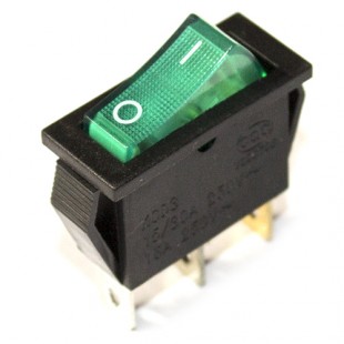 Переключатель клавишный одинарный узкий зеленый с лампочкой (15А 250V)